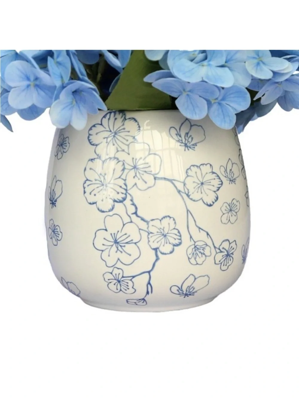 My Texas House Faux Hydrangeas in Floral Vase, Blue and White, 9.5